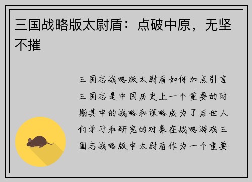三国战略版太尉盾：点破中原，无坚不摧